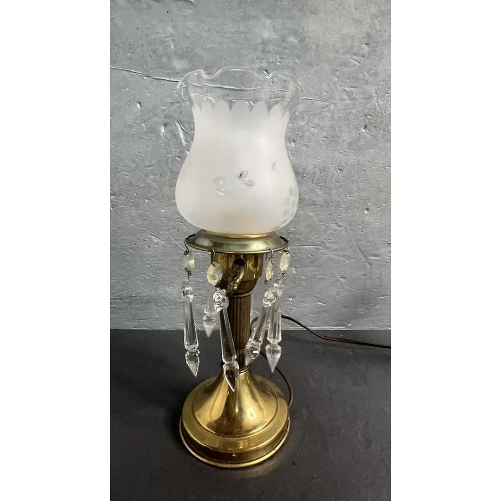 Vintage Astral Brass‎ Boudoir Lamp Crystal Prism Drops Glass Shade Electric
